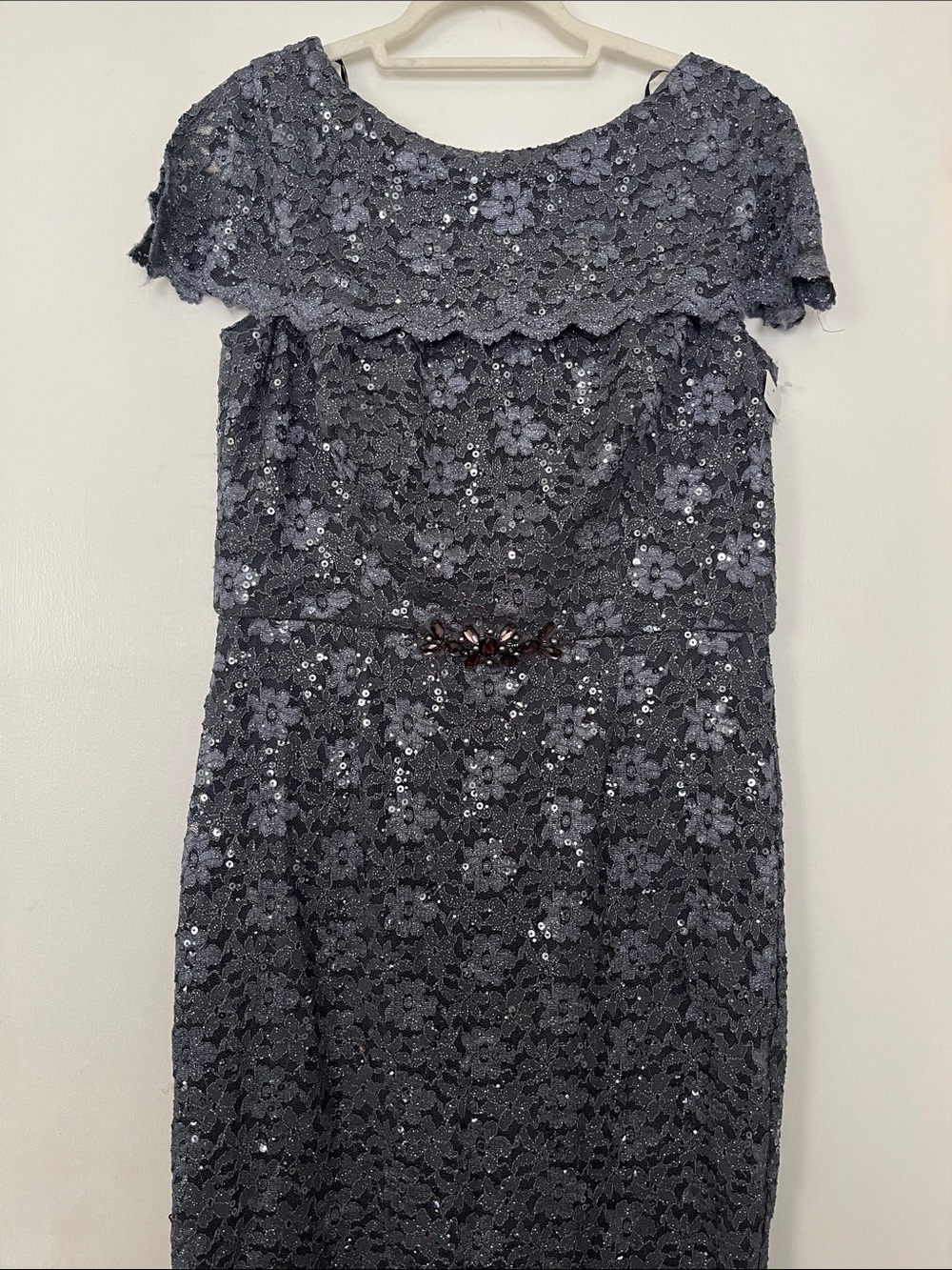 One-Shoulder Charcoal Sequin Lace Dress